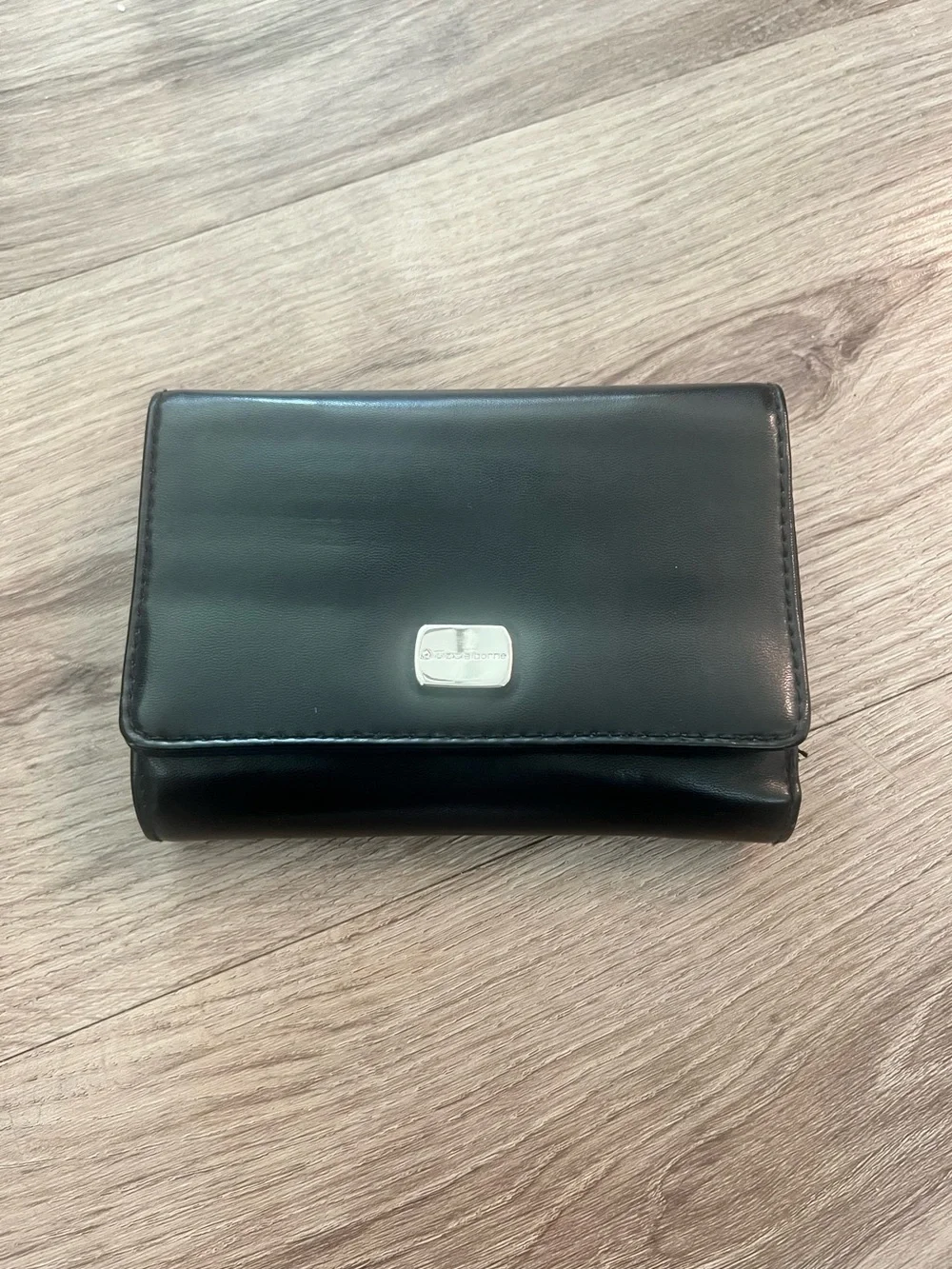 Liz Claiborne Black Leather Trifold Wallet with Silver Accent
